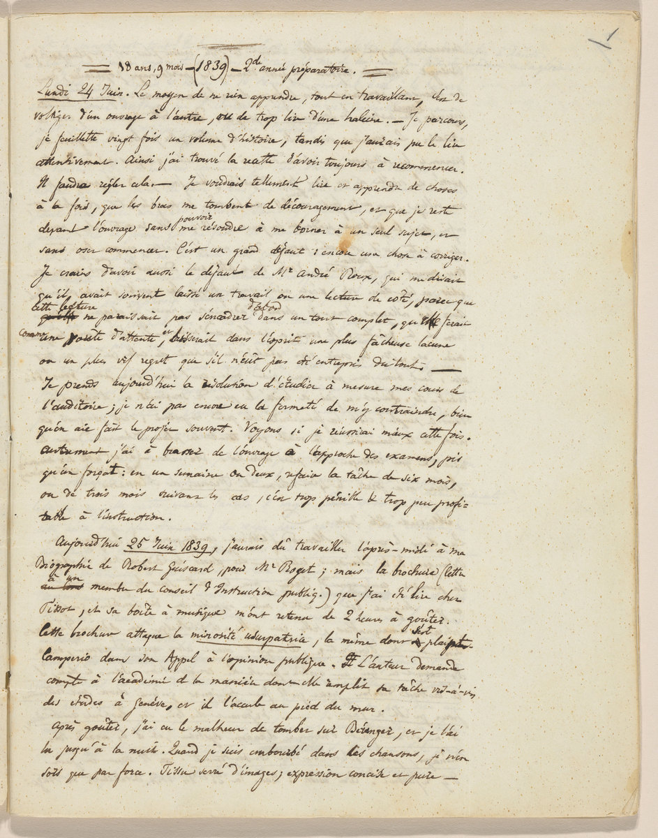Amiel, Journal manuscrit, 1839